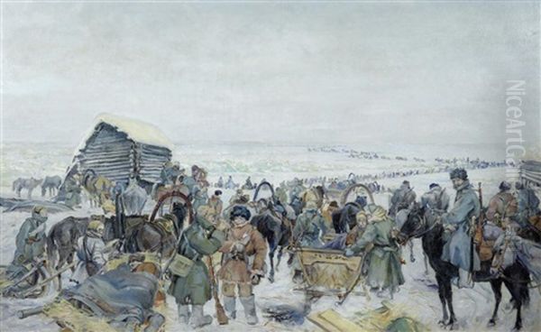 The Great Siberian Ice March Of The White Army Oil Painting by Pavel Ilych Safonov