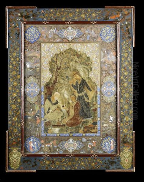 Two Princes Visiting A Hermit In A Forest, Offering Him Wine And Fruit Oil Painting by Haji Mirza Aqa Imami