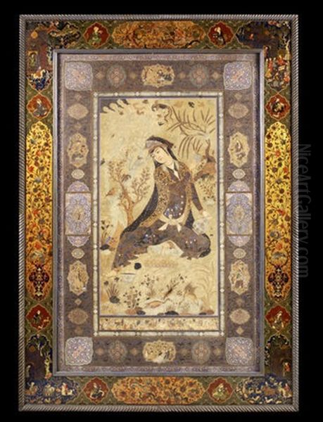 Shirin In A Landscape Holding A Wine Bottle And Porcelain Cup Oil Painting by Haji Mirza Aqa Imami