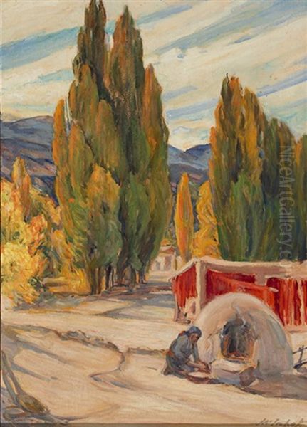 Poplars, San Juan Pueblo, Nm Oil Painting by Joseph A. Imhof