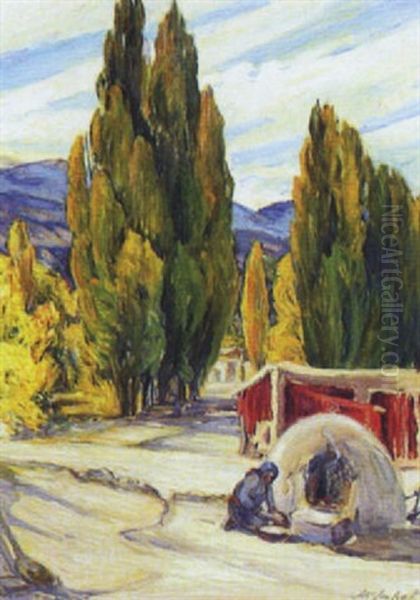 Poplars, San Juan Pueblo, New Mexico Oil Painting by Joseph A. Imhof