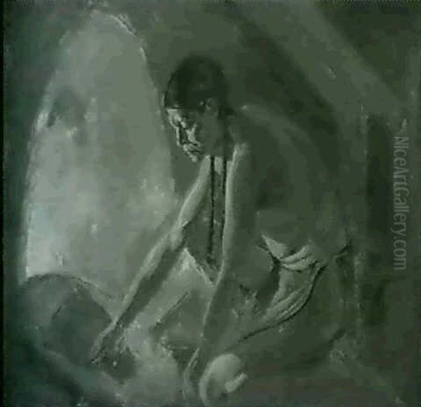 Indian Tending Fire Oil Painting by Joseph A. Imhof