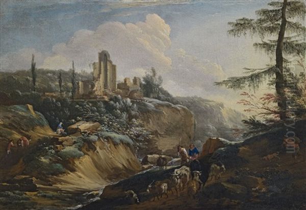 Two Landscapes With Shepherds And Ruins (2 Works) Oil Painting by Philippe-Augustin Immenraet