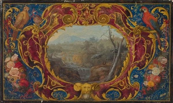 Kartusche Mit Blumenverzierung Und Zwei Papageien Um Eine Landschaft (collab. W/nicolas Robert) Oil Painting by Philippe-Augustin Immenraet