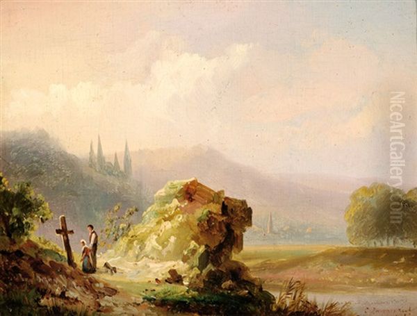 Figures In A Mountain Landscape Oil Painting by Christiaan Immerzeel