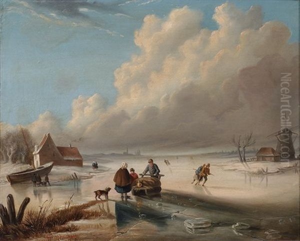 Plage Animee De Pecheurs (+ Paysans Sur Une Riviere Gelee; Pair) Oil Painting by A. Jules Van Imschoot