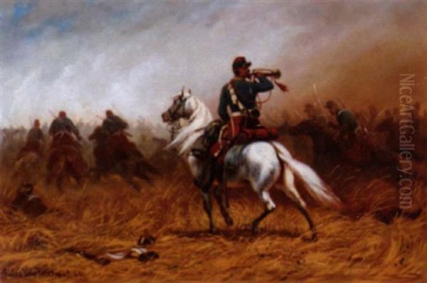 Avoiding A Live Shell Oil Painting by A. Jules Van Imschoot