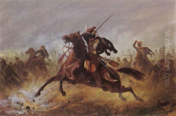 Battle Scene Oil Painting by A. Jules Van Imschoot