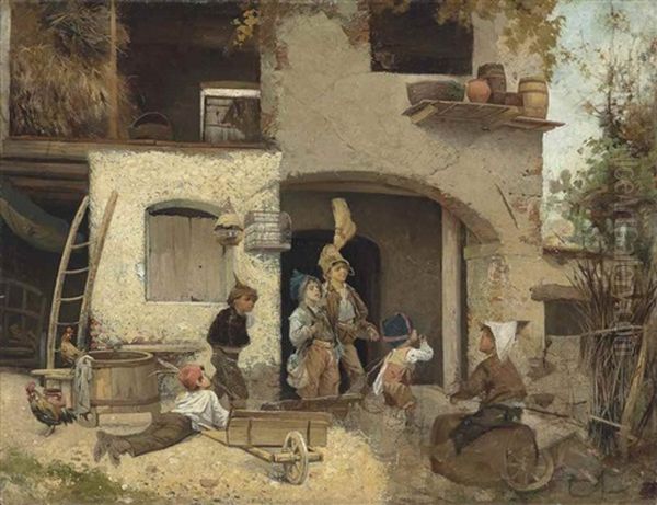 A Boys' Game Oil Painting by Domenico Induno