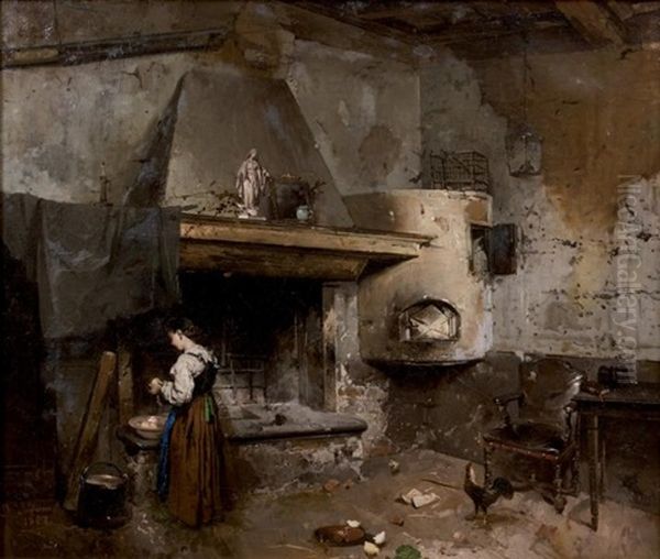 La Servante Devant La Cheminee Oil Painting by Domenico Induno