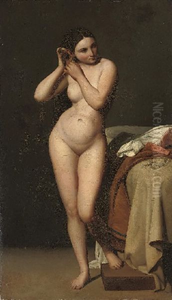 A Female Nude Removing A Pearl Earring From Her Ear, Standing By A Bed Oil Painting by Jean Auguste Dominique Ingres