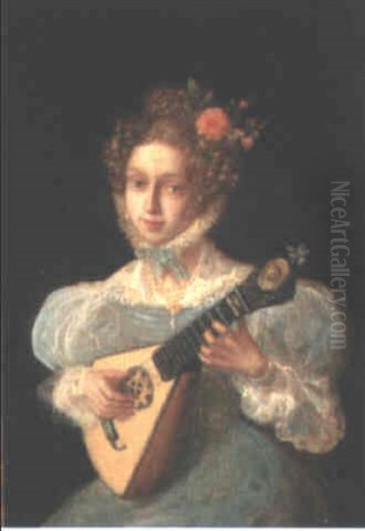 Portrait Of A Lady, Small Half Length, In A Blue Dress,     Playing A Lute Oil Painting by Jean Auguste Dominique Ingres