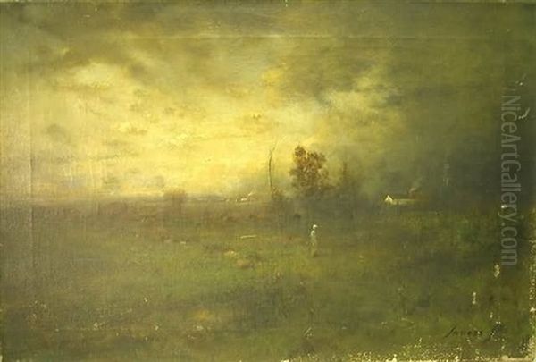 Landscape With Central Figure In Field, Buildings In Distance Oil Painting by George Inness Jnr.
