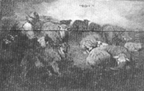 Shepherd With Dogs And Flock Oil Painting by George Inness Jnr.