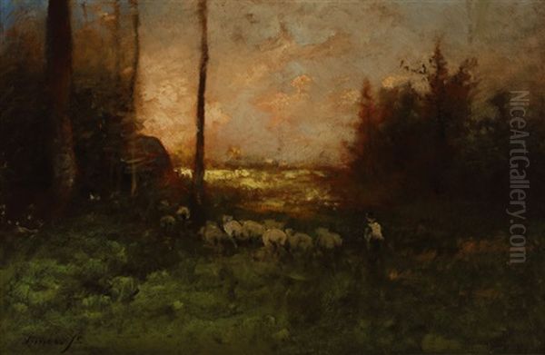 Shepherd And Sheep In An Atmospheric Landscape Oil Painting by George Inness