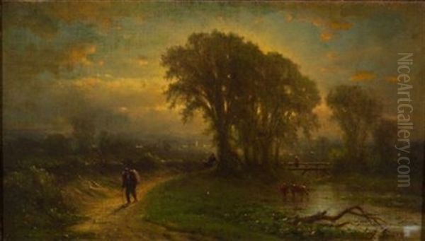 Traveler On A Country Road, Dusk Oil Painting by George Inness