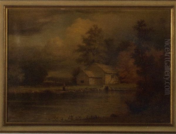 Landscape With Barn And Boy Fishing In A Stream Oil Painting by Albert Babb Insley