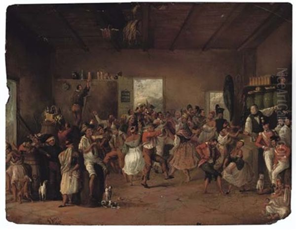 Canteen Scene During The Frontier Wars, Hottentots Dancing And Members Of The Cape Mounted Rifles And Imperial Troops Enjoying The Spectacle Oil Painting by Frederick Timpson I'Ons