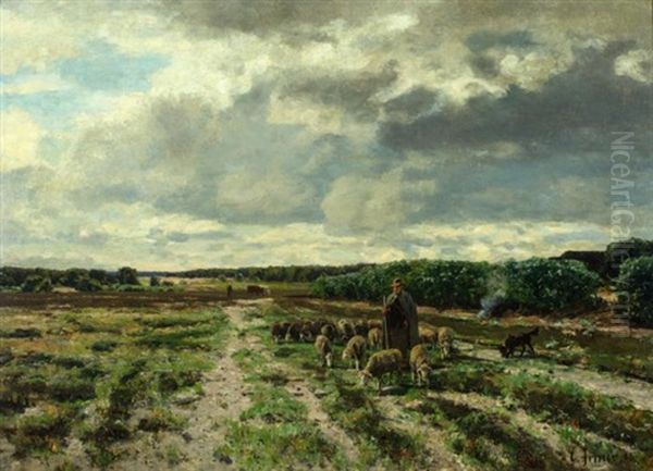 Shepherd And His Flock In The German Lowlands 1896 Oil Painting by Carl Irmer
