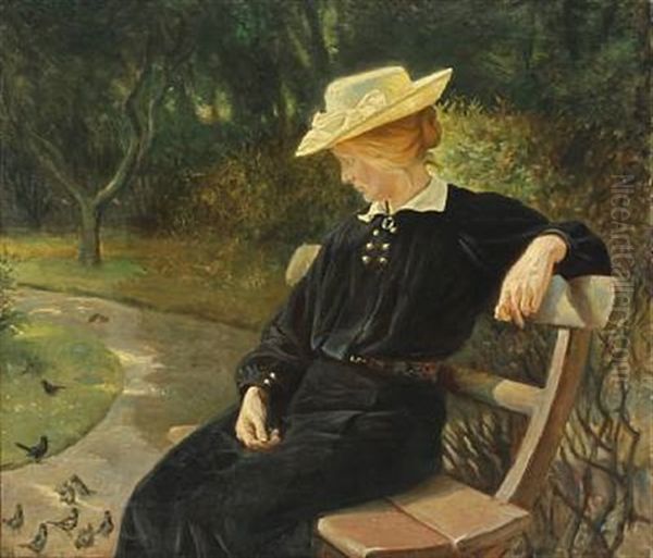 Fra Haven. Kunstnerens Hustru Siddende. Mork Blaa Dragt Og Straahat Oil Painting by Valdemar Irminger