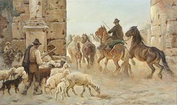 A Campagnol With His Flock Of Horses And A Shepherd With His Flock Of Sheep On Their Way Out Of A Roman City Gate Oil Painting by Valdemar Irminger