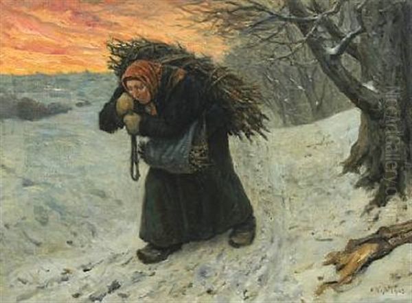 A Woman Gathering Wood In Morning Light Oil Painting by Valdemar Irminger