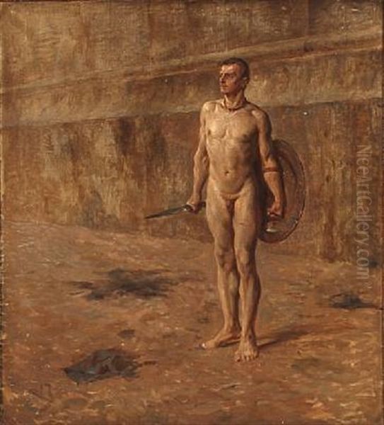 A Gladiator In An Arena Oil Painting by Valdemar Irminger