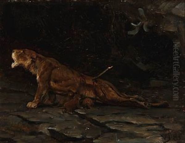 En Saaret Lovinde Med Unger (wounded Lioness With Cubs) Oil Painting by Valdemar Irminger