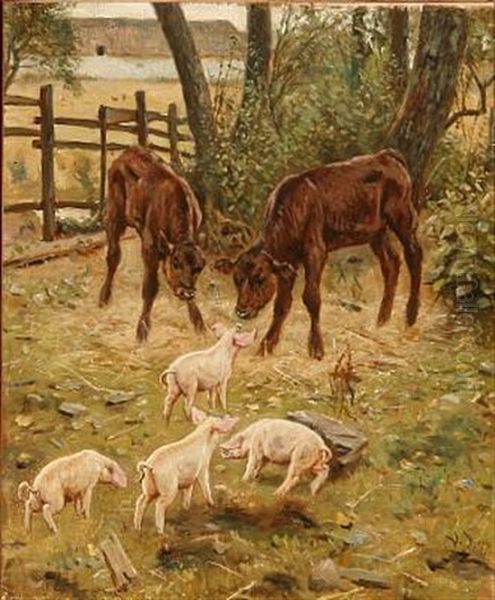 Calves And Piglets Enjoying The Danish Summer Oil Painting by Valdemar Irminger