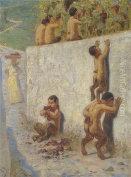 Smaa Satyrer Kravle Op Over En Mur For At Stjaele Vin Oil Painting by Valdemar Irminger