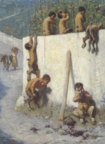 Smaa Satyrer Stjaele Vin Oil Painting by Valdemar Irminger