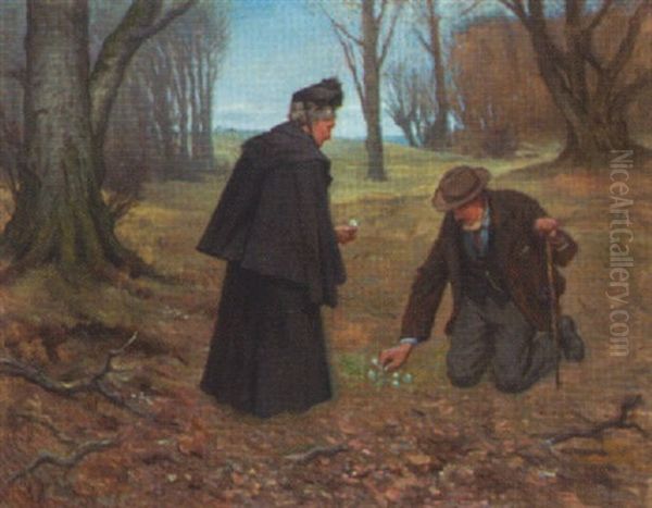Gamle Venner, Forarsskov Med Aeldre Par Der Plukker Anemoner Oil Painting by Valdemar Irminger