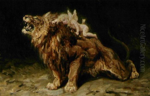 En Fredsforstyrrer. En Amorin Pa Ryggen Af En Siddende, Brolende Love Oil Painting by Valdemar Irminger