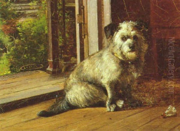 Hund I En Dorabning, I Baggrunden Haveparti Med Aesel Oil Painting by Valdemar Irminger