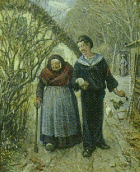 Ung Matros Og Gammel Kone Arm I Arm Oil Painting by Valdemar Irminger