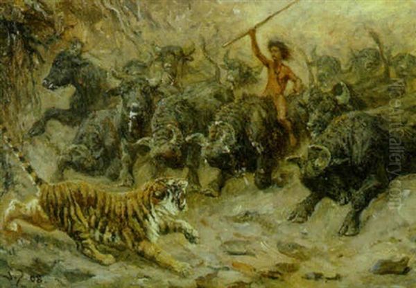 Motiv Fra R. Kipling - Junglebogen, Shere Khans Endeligt Oil Painting by Valdemar Irminger