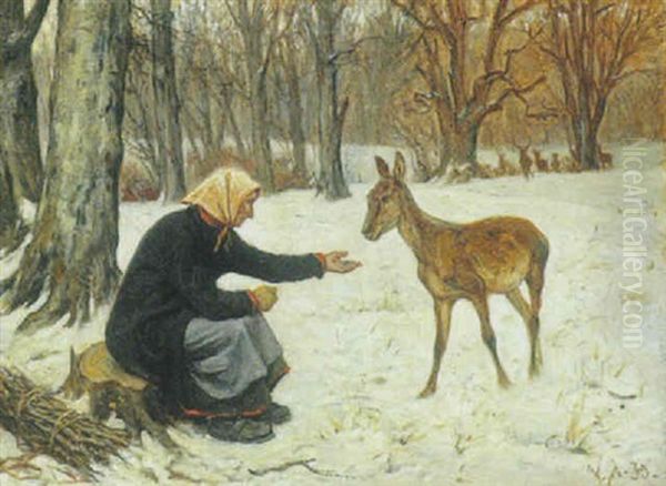 Braendesamlersken Og Hinden Oil Painting by Valdemar Irminger