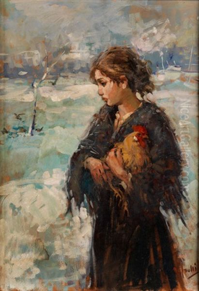 Junges Madchen Mit Huhn In Verschneiter Landschaft Oil Painting by Irolli Vincenzo