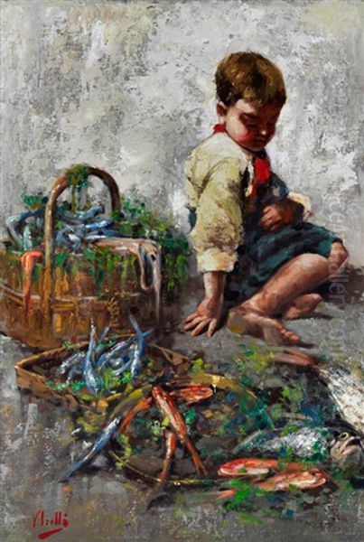 Junge Mit Fischkorben Oil Painting by Irolli Vincenzo