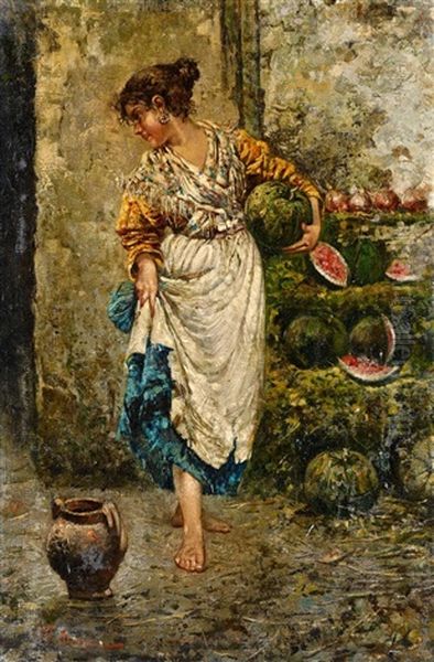 A Young Woman With Watermelons Oil Painting by Irolli Vincenzo