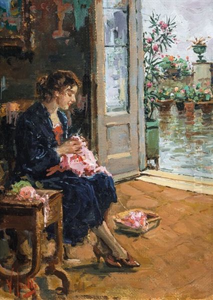 Lavori A Maglia In Un Interno Oil Painting by Irolli Vincenzo