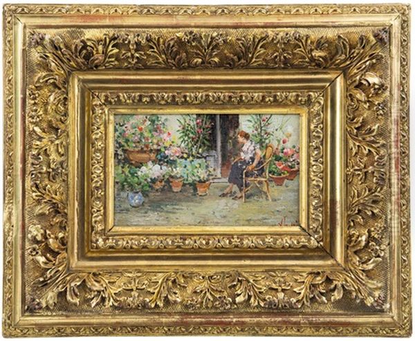 Terrazza Fiorita Con Ragazza In Poltrona Oil Painting by Irolli Vincenzo