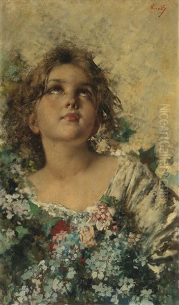 Girl With Flowers Oil Painting by Irolli Vincenzo