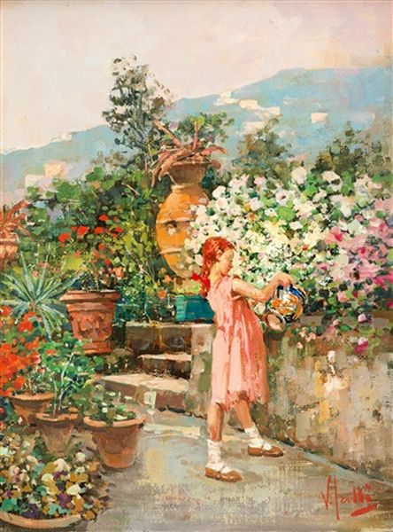 Bambina In Terrazza (madchen Auf Der Terrasse) Oil Painting by Irolli Vincenzo