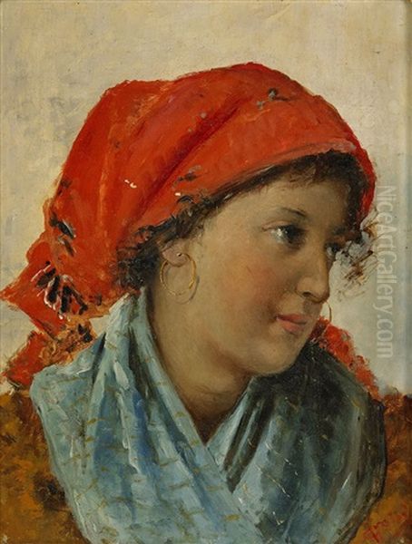 Flicka I Rod Sjalett Oil Painting by Irolli Vincenzo