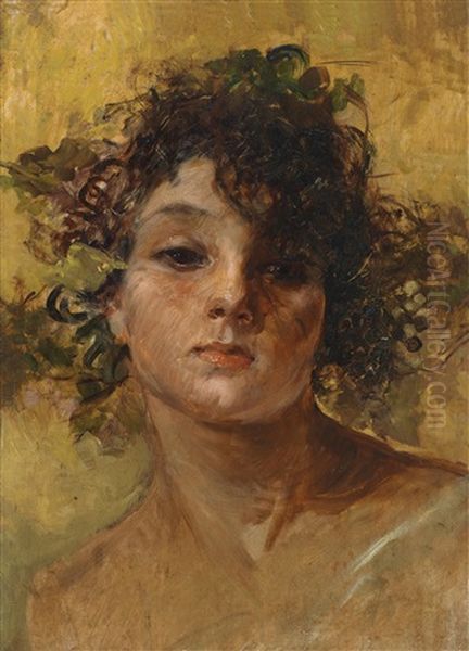 Bildnis Eines Madchens Mit Weinlaub Im Haar, Laut Familientradition Handelt Es Sich Um Eine Angestellte Der Santini Familie In Tivoli Oil Painting by Irolli Vincenzo