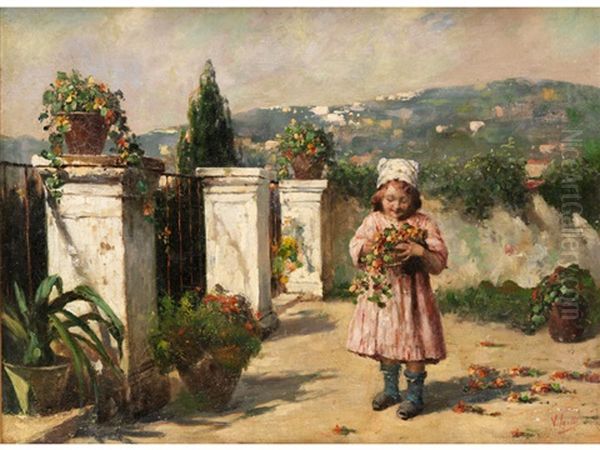 Kleines Madchen Mit Blumen Auf Einer Hugelterrasse Oil Painting by Irolli Vincenzo