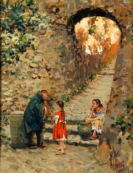 Zwei Italienische Madchen Lauschen Einem Alten Geiger Zu Oil Painting by Irolli Vincenzo