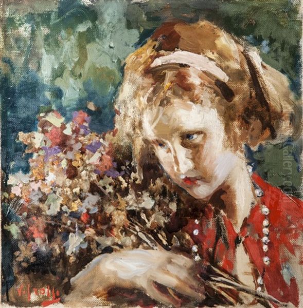Fanciulla In Rosso Con Fiori E Perle Oil Painting by Irolli Vincenzo