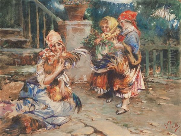 Giovani Contadine Con Galli Oil Painting by Irolli Vincenzo